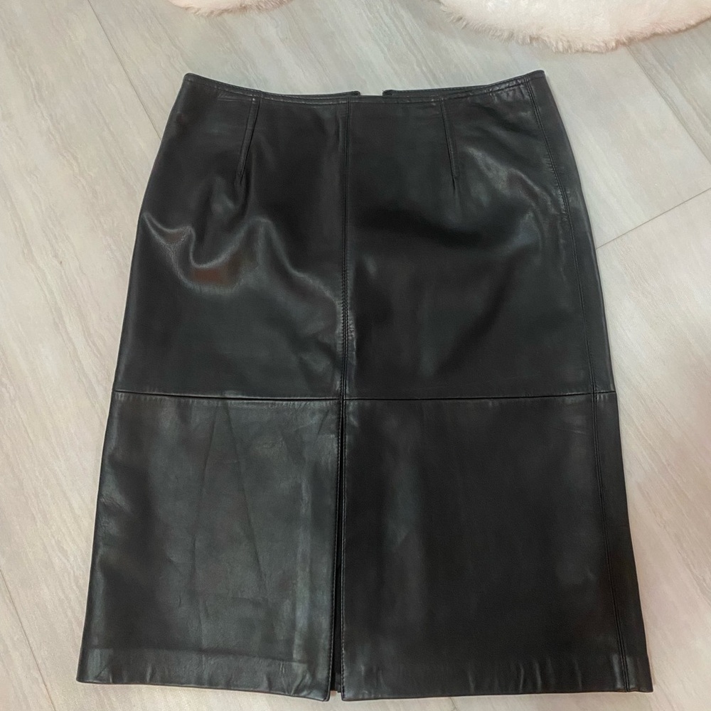 Cache Black Leather Midi Skirt